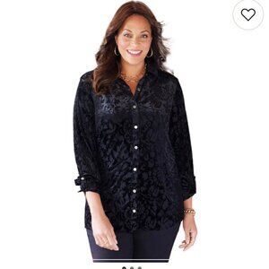 Catherines Size 3x Button Front Velvet Burnout Black Blouse Top Floral Sheer